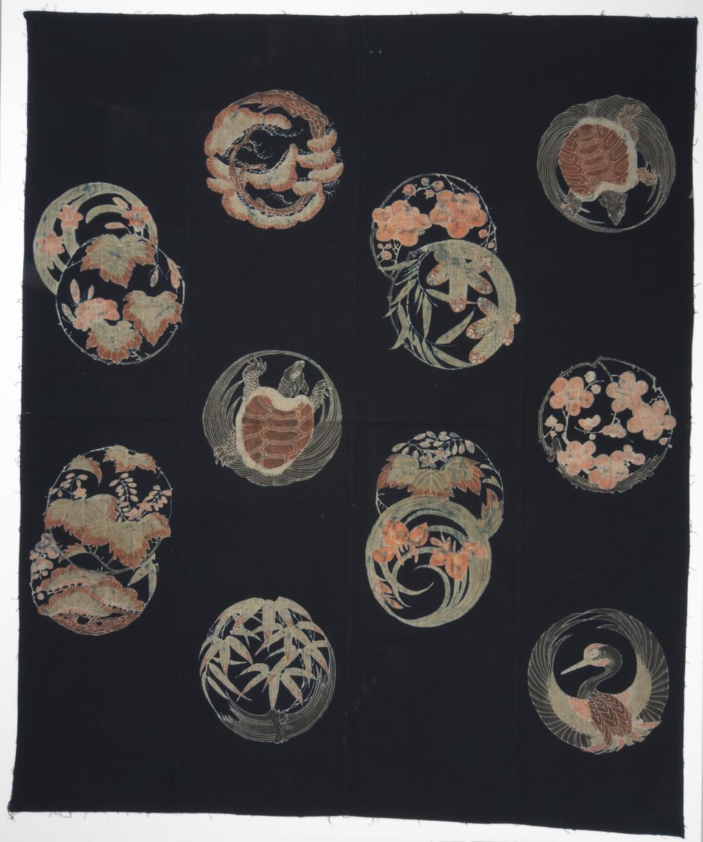 An image of Textiles. Four joined panels. Bedding cover (futon-ji). Unknown maker, Japan, Ryukyu Islands. Motifs of crane, prunus, 10,000 year old tortoise, irises. Resist dyed cotton, dark blue ground; designs painted in greys, beiges and pinks. Length, whole, 155 cm, width, whole, 129 cm, circa 1800-circa 1899.