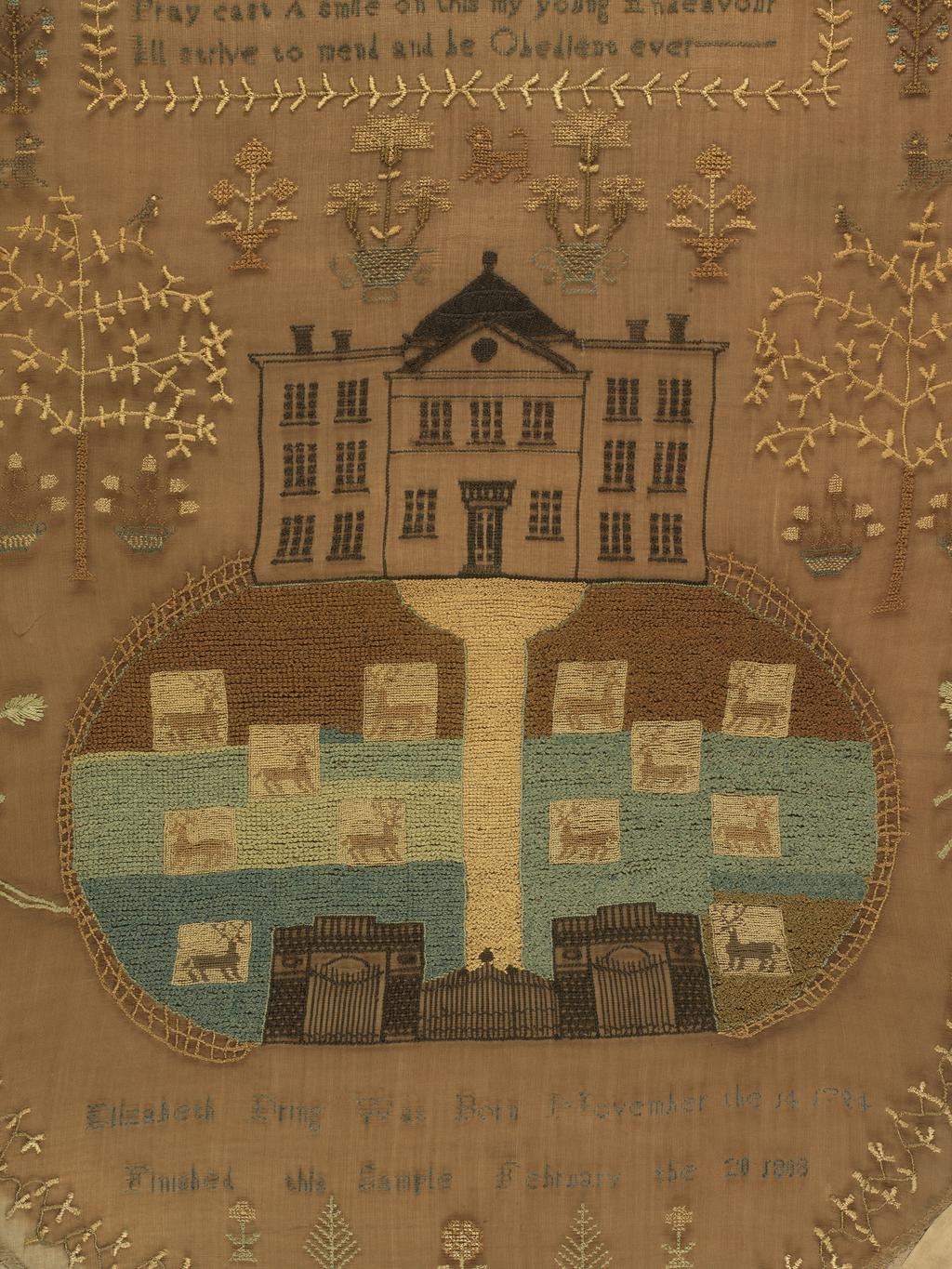 An image of Oval sampler, embroidered with house and deer park. Dring, Elizabeth, maker, England. Inscription and signature ‘Elizabeth Dring was born November the 14 1784 / Finished this sampler February the 20 1808’. Embroidering, height 47 cm, diameter 59 cm, 1808. Acquisition Credit: Given by David and Ann Fulljames.