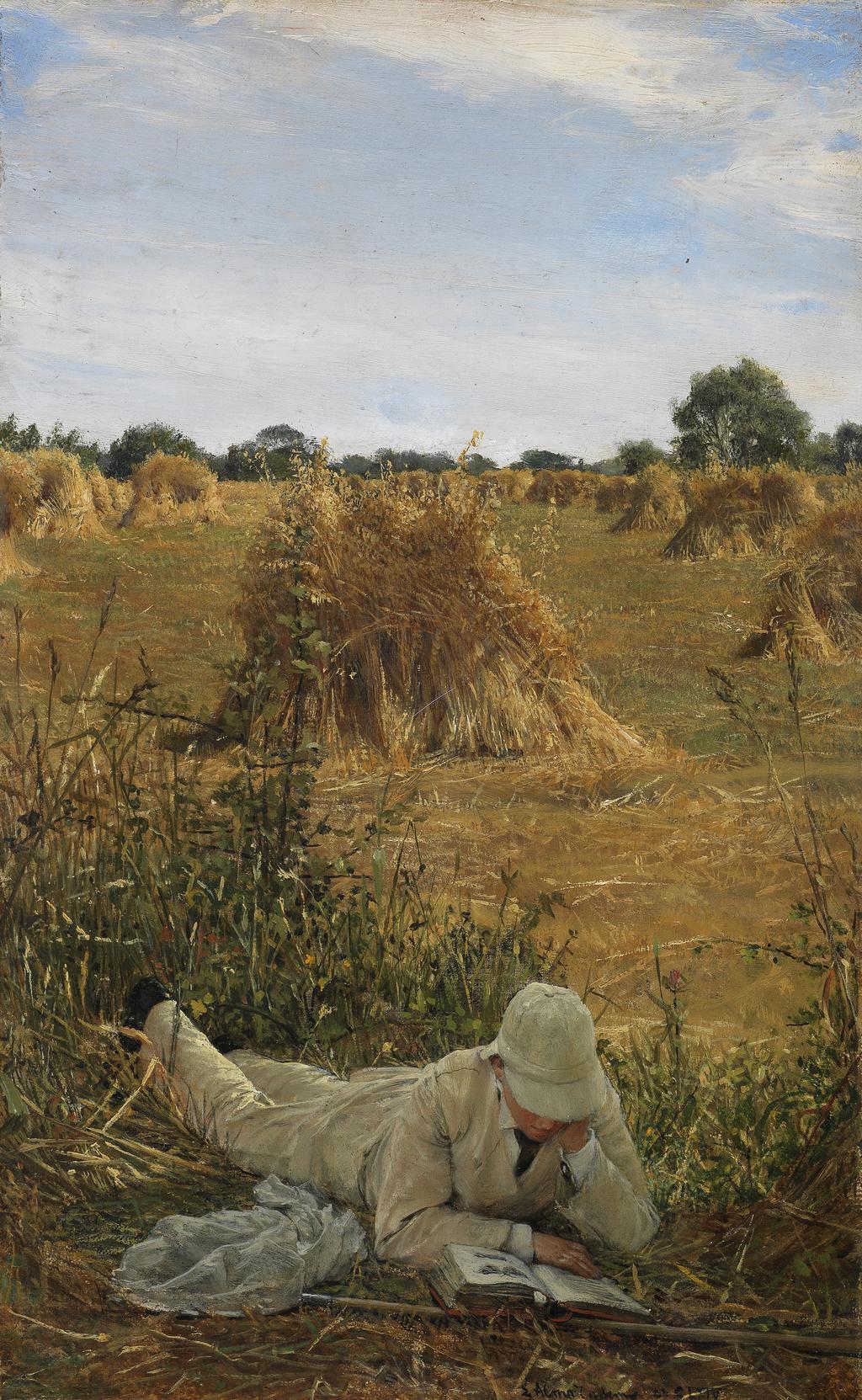 An image of 94 Degrees in the Shade. Alma-Tadema, Lawrence (British, 1836-1912). Oil on canvas laid down on panel, height 35.3 cm, width 21.6 cm, 1876. Notes: The scene shows a cornfield at Godstone, Surrey, with the donor, at that date aged seventeen, lying in the foreground.