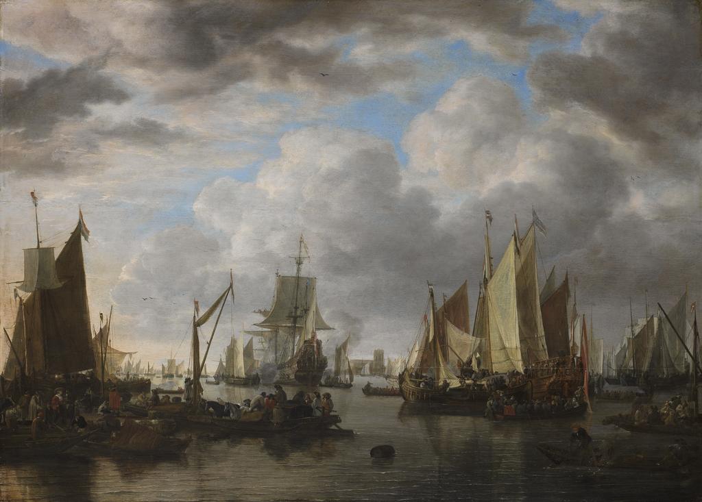 An image of Shipping before Dordrecht. Vlieger, Simon de (Dutch, c.1600-1653). Oil on panel, height 88 cm, width 122.5 cm, 1651.