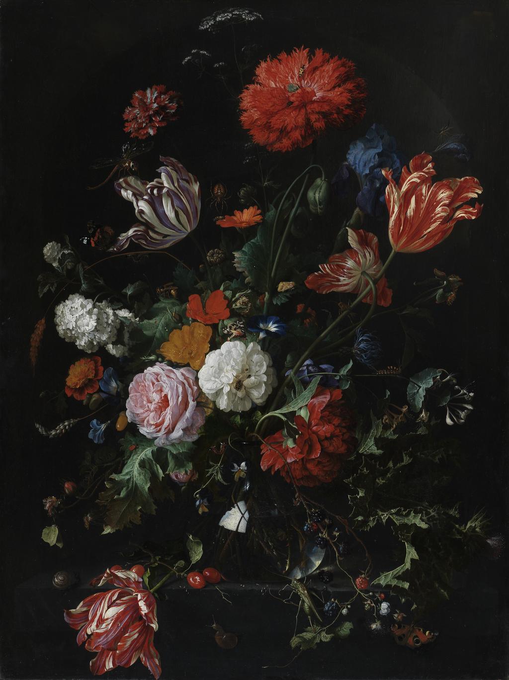 An image of Flowers in a glass vase. Heem, Jan Davidsz. de (Dutch, 1606-1683/4). Oil on panel, height 93.2 cm, width 69.6 cm. Dutch/Flemish School. 