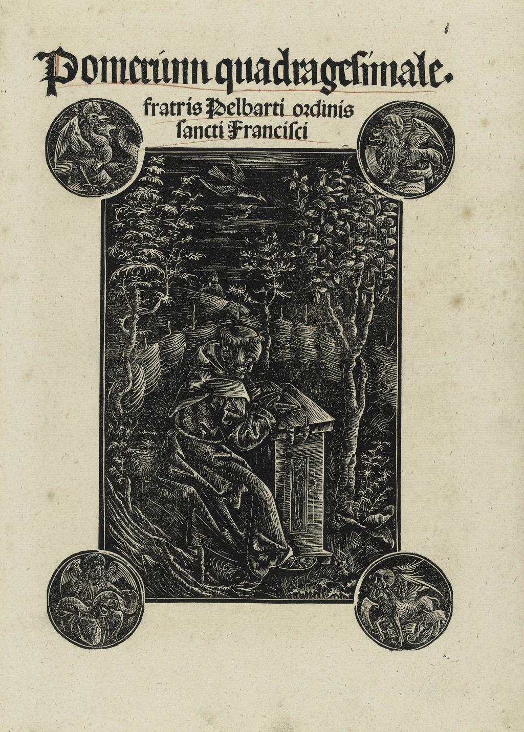 An image of The Franciscan monk, Pelbert of Temesvar, studying in a garden. Title page of Pelbartus of Temesvar, 'Pomerium de sanctis' (Augsburg, 1502). Anonymous, German School. White-line woodcut, circa 1502. Notes: Unlike a conventional woodcut, the lines forming the image have not been printed in relief; instead the design was carved into the surface of the block of wood so that, when printed, the lines appear white against a black background. The roundels at the four corners, containing symbols of the Four Evangelists (copied from engravings by Martin Schongauer), were printed from separate blocks and have been aligned with expert care.