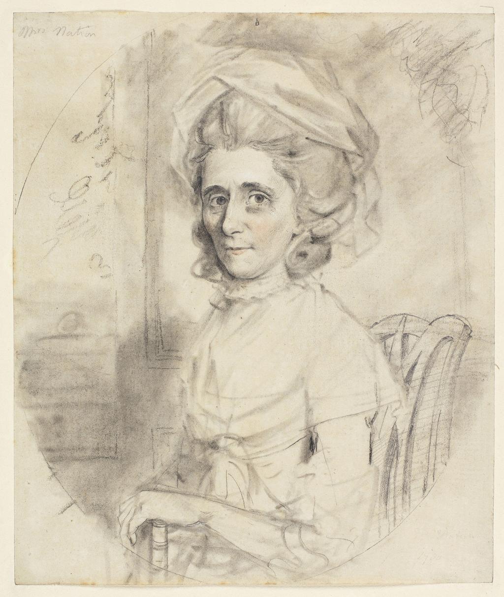An image of Mrs Elizabeth Nation. Old Mrs Nation. Downman, John (British, 1750-1824). Black, red and white chalk with stump, some lines incised with a stylus, on paper, attached to mount sheet, height 225 mm, width 190 mm, 1780. Notes: by L.C.G. Clarke, "apparently the Mrs Nation who made a considerable fortune in High Street Exeter as a retailer of snuff and tobacco. The business is still in existence". 2nd Series, Vol, IV, No. 23.
