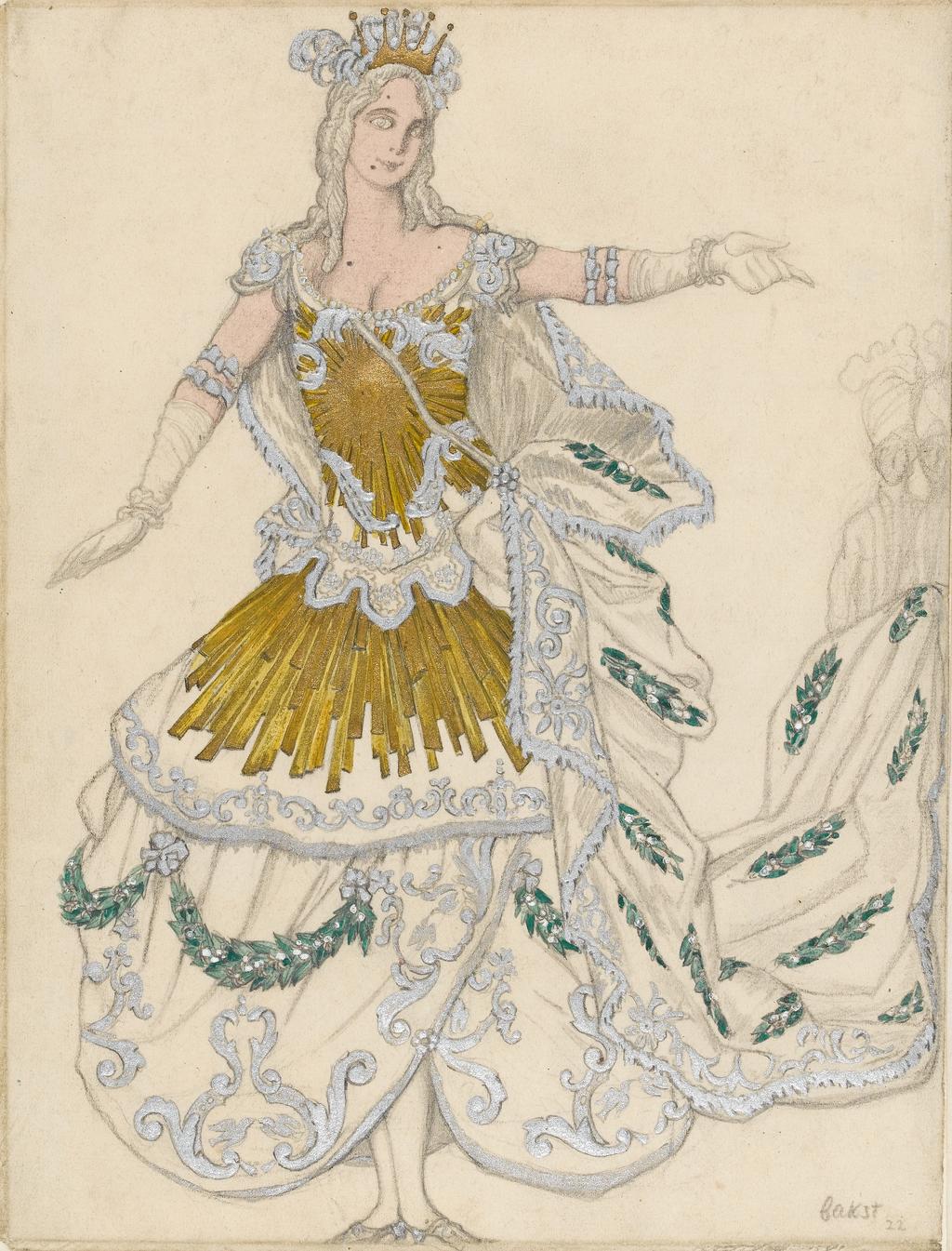 An image of Title/s: "La Princesse Aurore" Maker/s: Bakst, Leon (draughtsman) [ULAN info: 1866-1924] Technique Description: graphite, watercolour, with gold and silver paint, heightened with white, on paperDimensions: height: 300 mm, width: 227 mm Date: 1922 