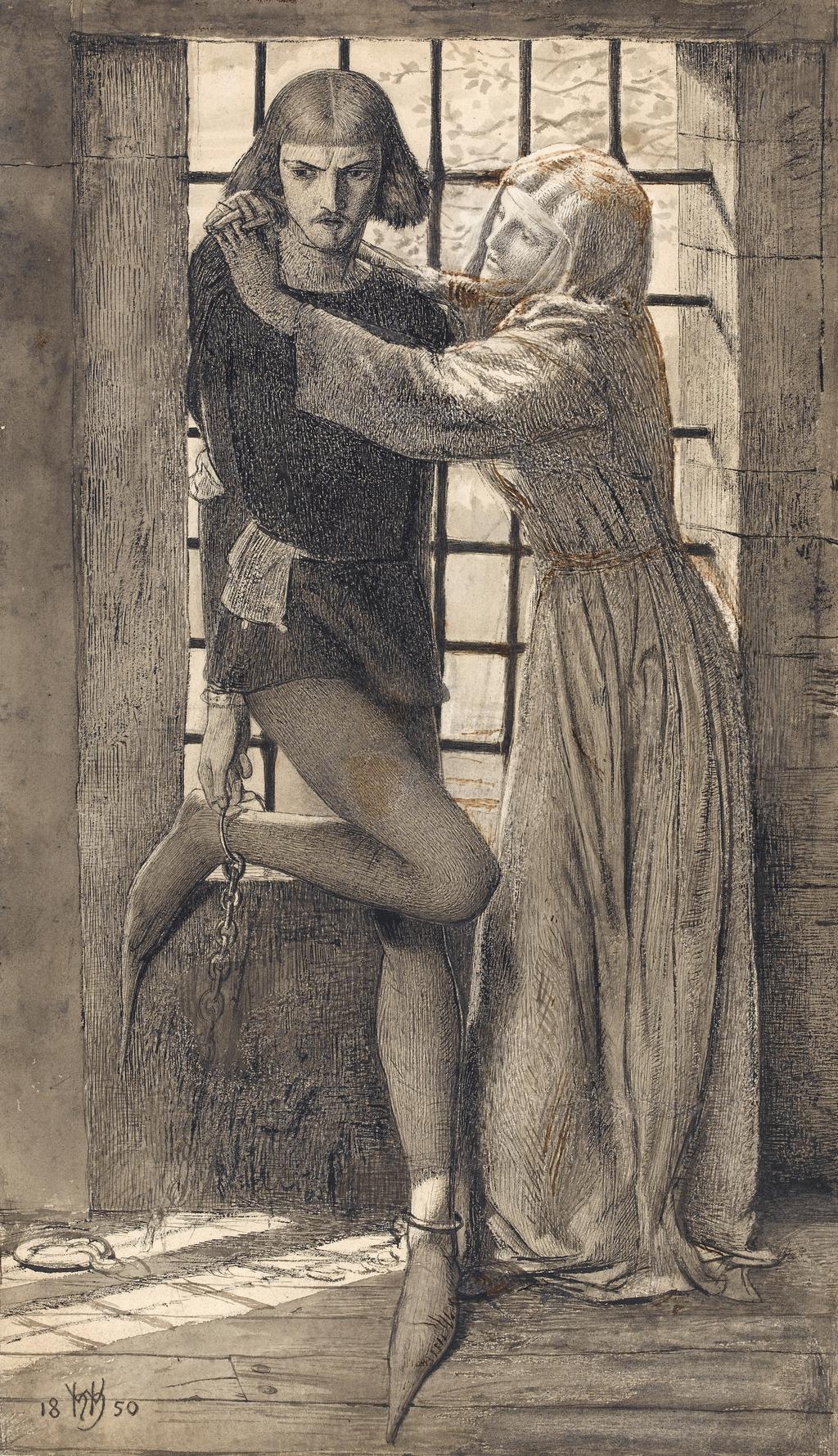 An image of Claudio and Isabella. Hunt, William Holman (British, 1827-1910). Graphite, pen, Indian ink and wash on paper, height 317 mm, width 184 mm, 1850.