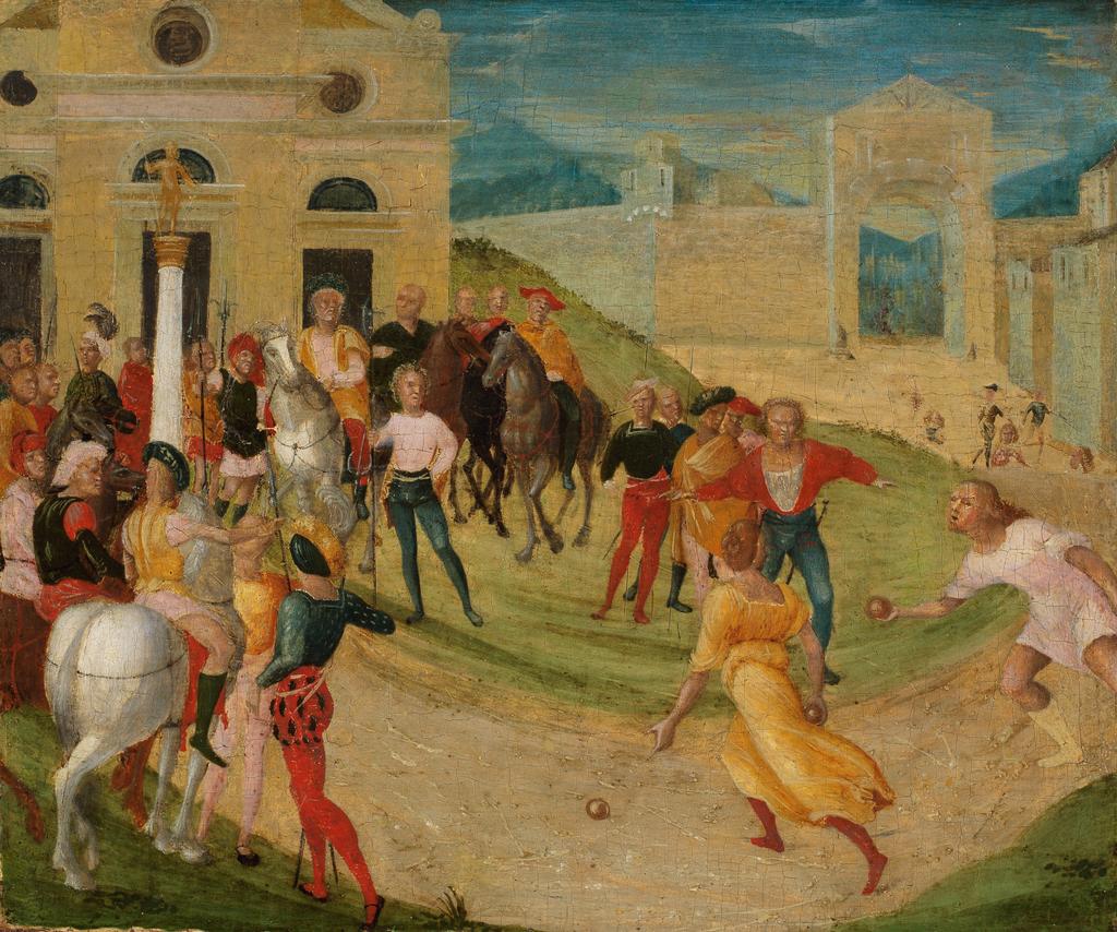 An image of Atalanta's race. Giolfino, Niccolà, the younger (Italian, 1476/7-1555). Egg tempera on panel, height, painted surface, 24.5 cm, width, painted surface, 28.7 cm; height, panel surface, 27 cm, width, panel surface, 31.7 cm. School of Verona.