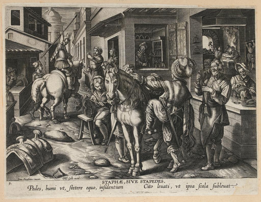 An image of Unknown (printmaker), Galle, Philips (publisher), Straet, Jan van der (Giovanni Stradano) after (draughtsman). The Invention of Stirrups. Engraving. circa1591.