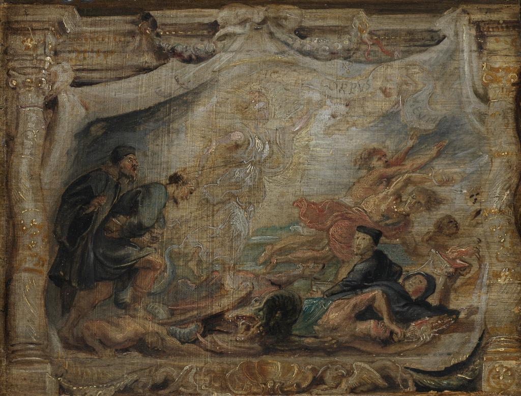 An image of The Victory of the Eucharist over Heresy. Sketch for the 'Eucharist' series of designs. Rubens, Peter Paul (Flemish 1577-1640). Oil on panel, height 16.2 cm, width 21.3 cm, circa 1625-1626.