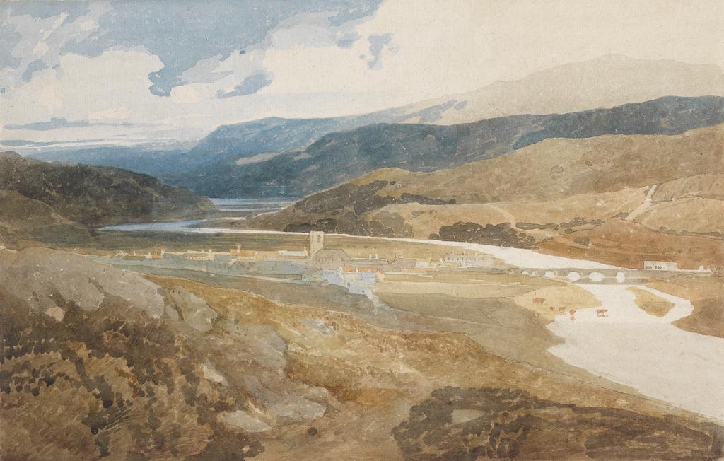 An image of Dolgelly, North Wales. Cotman, John Sell (British, 1782-1842). Watercolour over graphite, on thick paper stuck down on mounting card, height 285 mm, width 450 mm, circa 1804-1805.