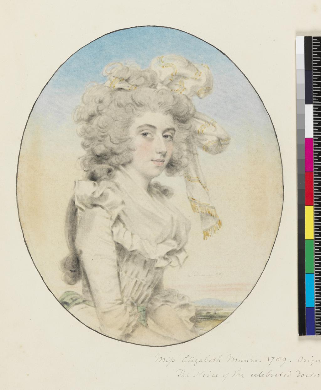 An image of Miss Elizabeth Monro. Downman, John (British, 1750-1824). Laid down on recto of album sheet, surrounded by drawn ink line. Black and red chalk, with stump, watercolour and white highlights on paper, laid down (chalk and/or watercolour applied to verso), height 213 mm, width 176 mm, 1789.