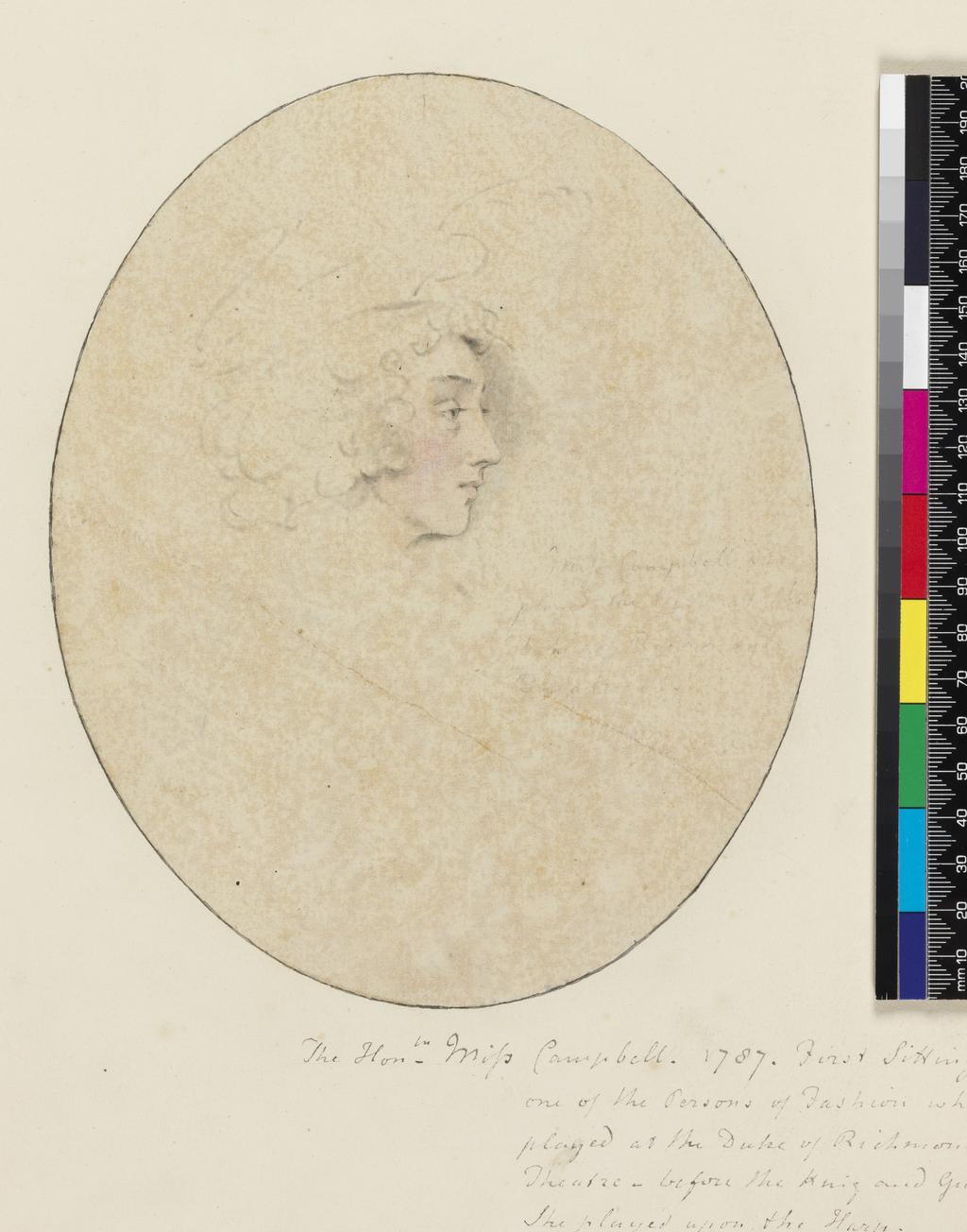 An image of Miss Campbell. Downman, John (British, 1750-1824). Laid down on recto of album sheet, surrounded by drawn ink line. Black and red chalk, with stump on paper, laid down (chalk or watercolour applied to verso), height 202 mm, width 165 mm, 1787.