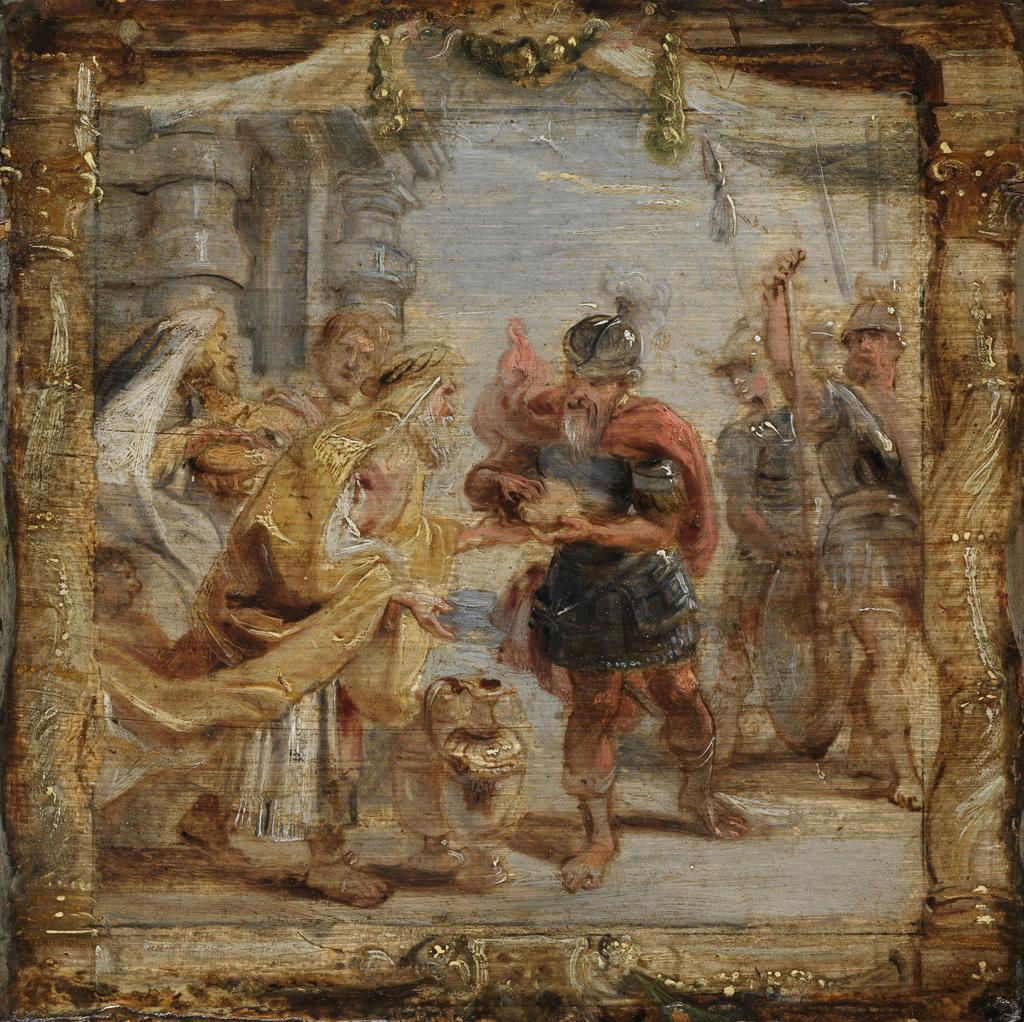 An image of The meeting of Abraham and Melchisedek. Sketch for the 'Eucharist' series of designs. Rubens, Peter Paul (Flemish 1577-1640). Oil on panel, height 15.6 cm, width 15.6 cm, circa 1625-1626.