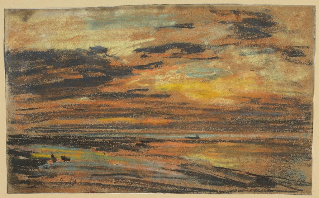 An image of Sunset on the beach. Boudin, Eugène Louis (French, 1824-1898). Pastel chalks on brown paper, height 171 mm, width 281 mm.