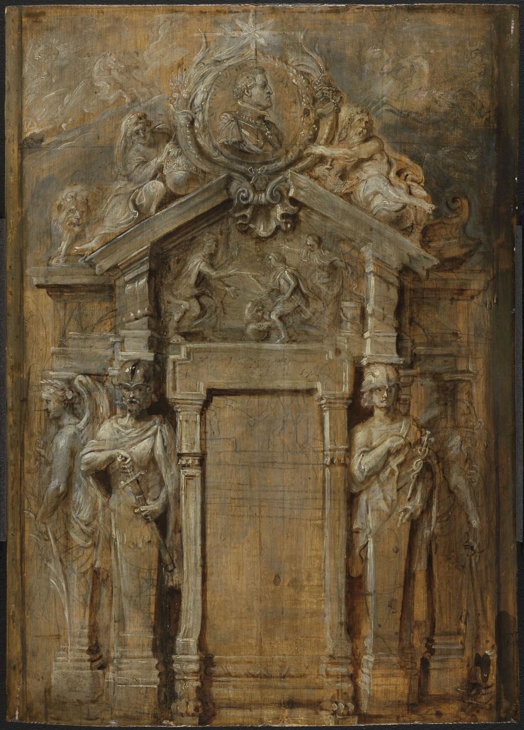 An image of Design for the title page of the Pompa Introitus...Ferdinandi. Sketch for the 'Eucharist' series of designs. Rubens, Peter Paul (Flemish 1577-1640). Oil on panel, height 52.4 cm, width 37.5 cm, circa 1625-1626.