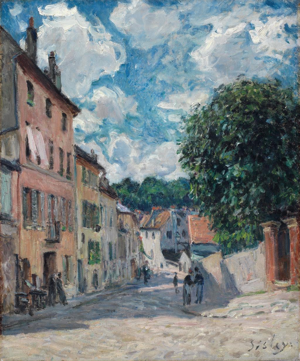 An image of Rue à Louveciennes. Translated title: A Street, Possibly in Port-Marly. Sisley, Alfred (French, 1839-1899). Oil on canvas, height 46.4 cm, width 36.7 cm, 1875-1877.