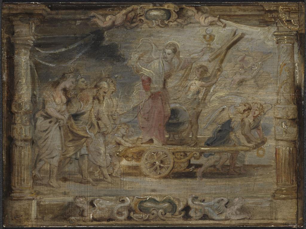 An image of The Triumph of the Eucharist over Philosophy and Science Nova Legis Triumphus. Sketch for the 'Eucharist' series of designs. Rubens, Peter Paul (Flemish 1577-1640). Oil on panel, height 16.5 cm, width 21.9 cm, circa 1625-1626.