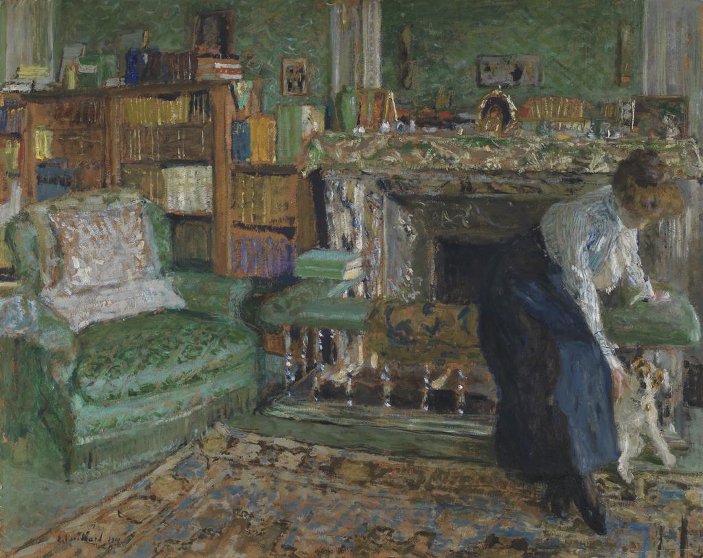 An image of Marguerite Chapin in her apartment with her dog. Vuillard, Edouard (French, 1868-1940). Oil on millboard. Height: 59.0 cm x 73.6 cm. 1910.