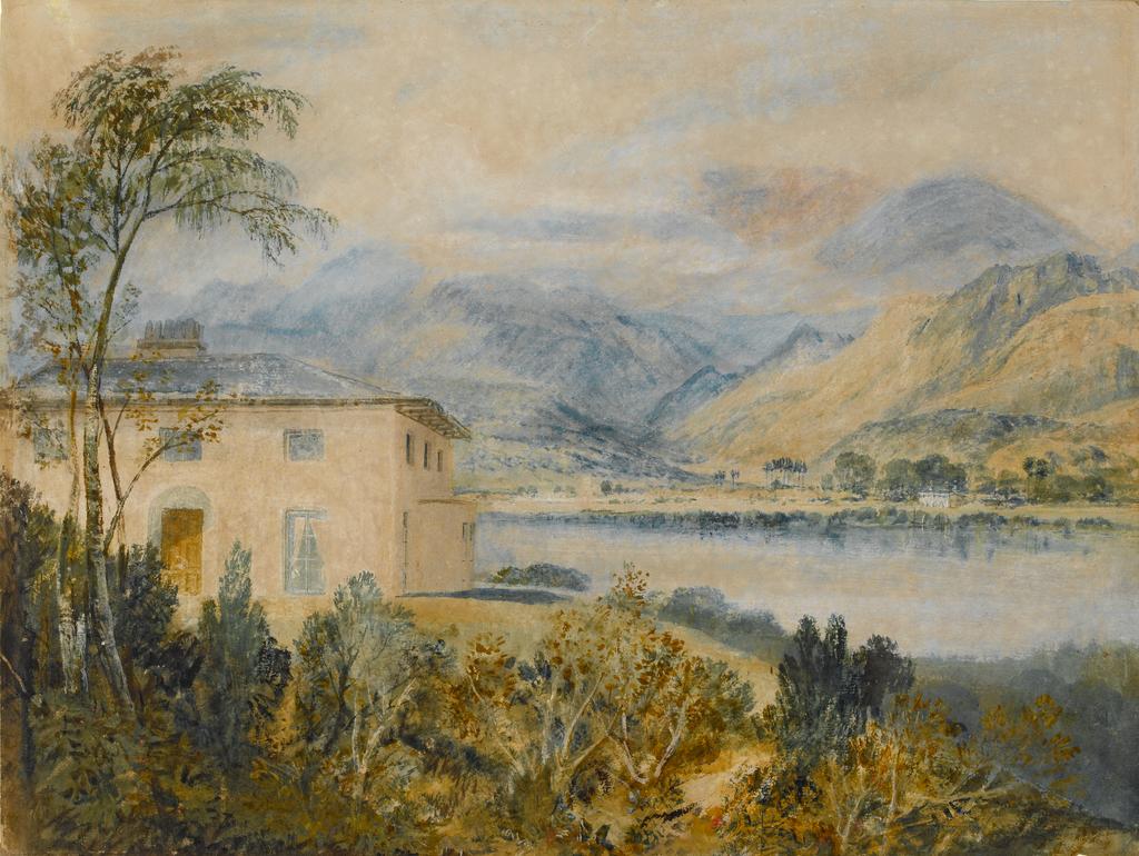 An image of Coniston Water with Tent Lodge. Turner, Joseph Mallord William (British, 1775-1851). Watercolour and bodycolour on grey paper, faded. 1818.