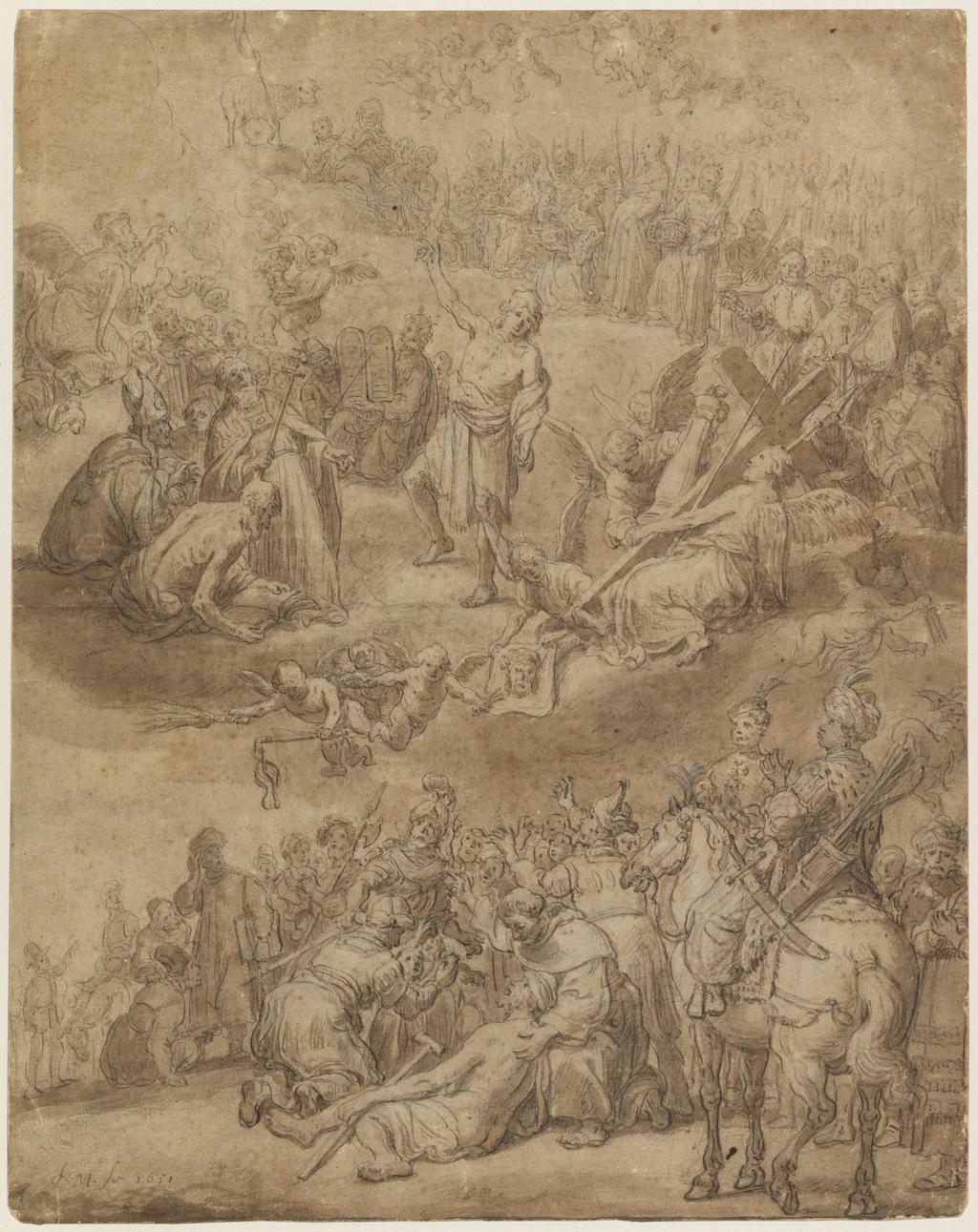 An image of The Worship of the Lamb. Moeyaert, Claes Cornelisz.(Dutch, 1592/3-1655). Pen and brown ink over black chalk, dark brown wash on slightly buff coloured paper, heightened with white in places, height 450 mm, width 356 mm, 1651.