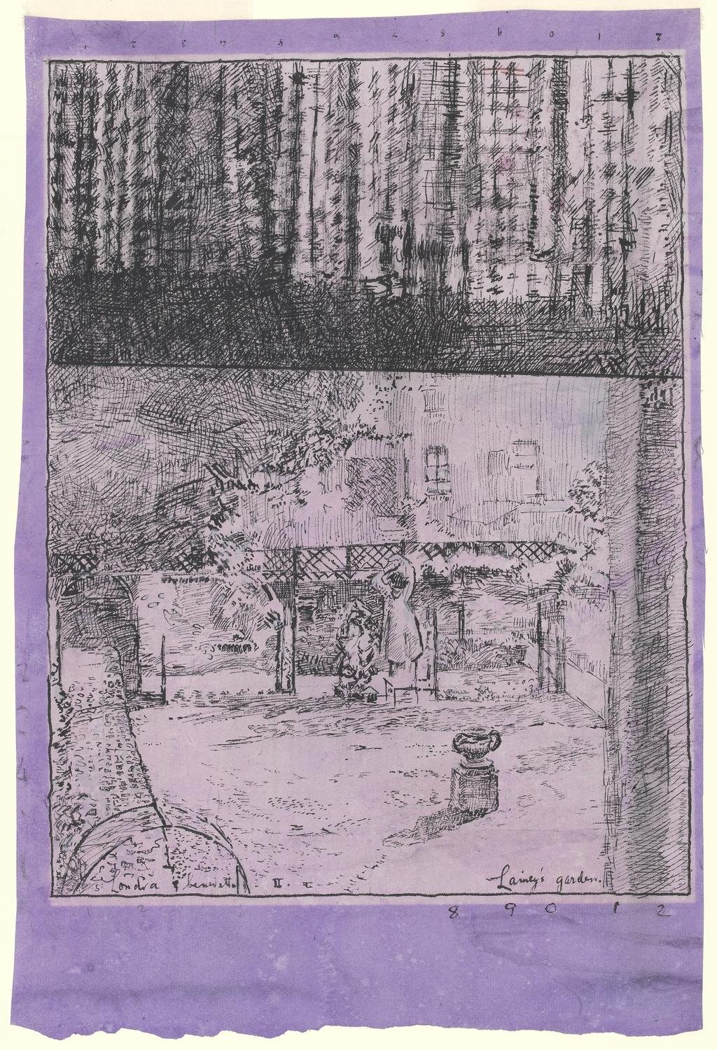 An image of Lainey's Garden. Sickert, Walter Richard. Pen and Indian ink on mauve paper. Height 406 mm, width 308 mm. A study for the oil painting "The Garden of Love" (no. 2726). Circa 1927-1931.