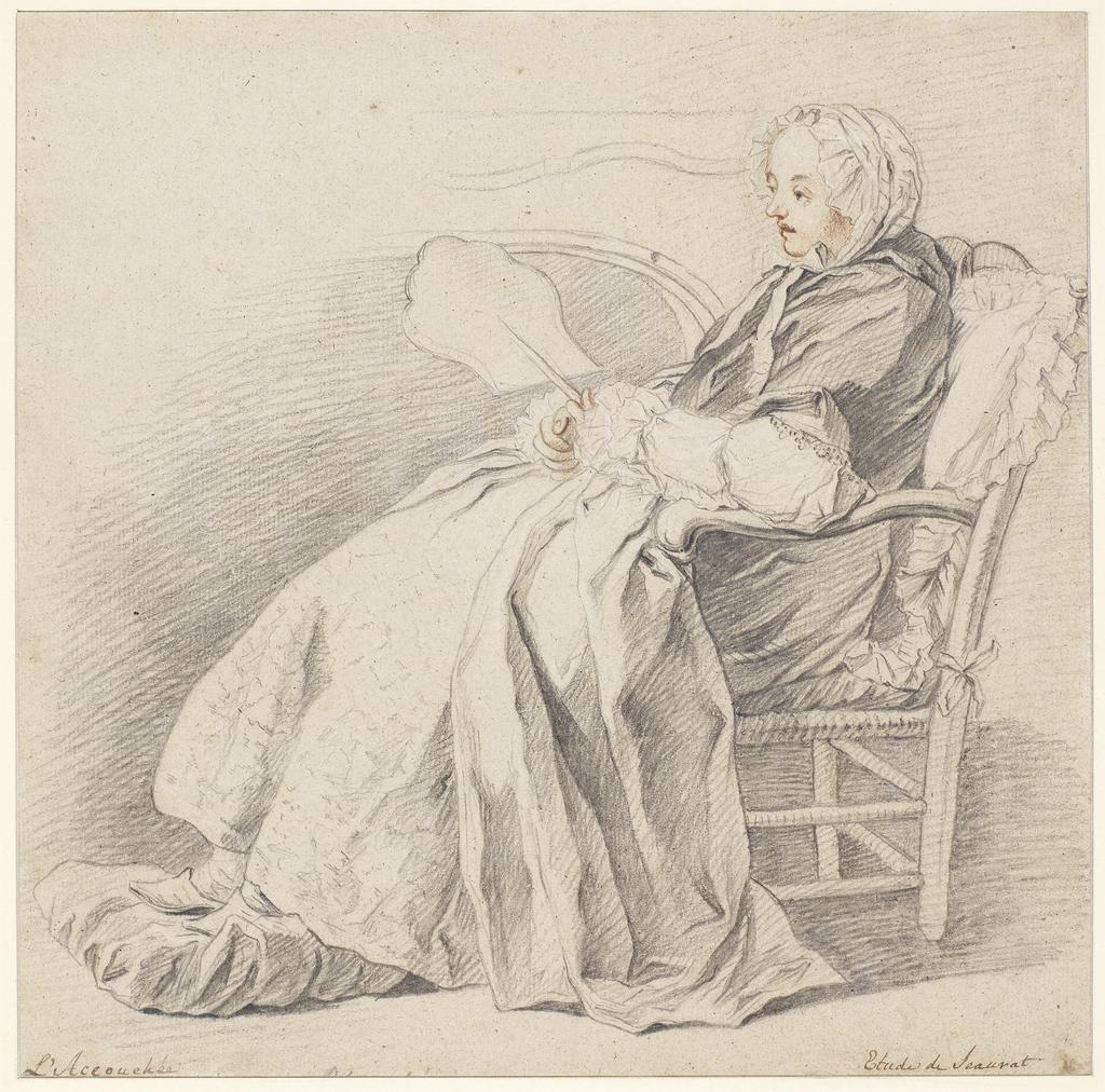 An image of Study for 'L'Accouchée'. Jeaurat, Étienne (French, 1699-1789). Black, white and red chalk on paper, pasted down on the mount, height 256 mm, width 257 mm, circa 1750. Notes: Date derived from the style of the dress.