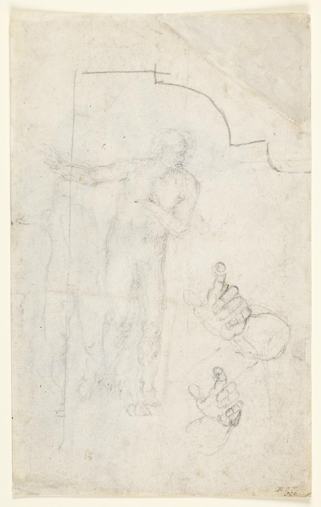 An image of Recto: Sheet of studies: the draped figure of Christ; two studies of a left hand, one showing part of the forearm. Verso: Two studies of a male nude; two studies of a left hand; an architectural detail. Michelangelo Buonarroti (Italian, 1475-1564). Black chalk on paper, height 267 mm, width 165 mm.