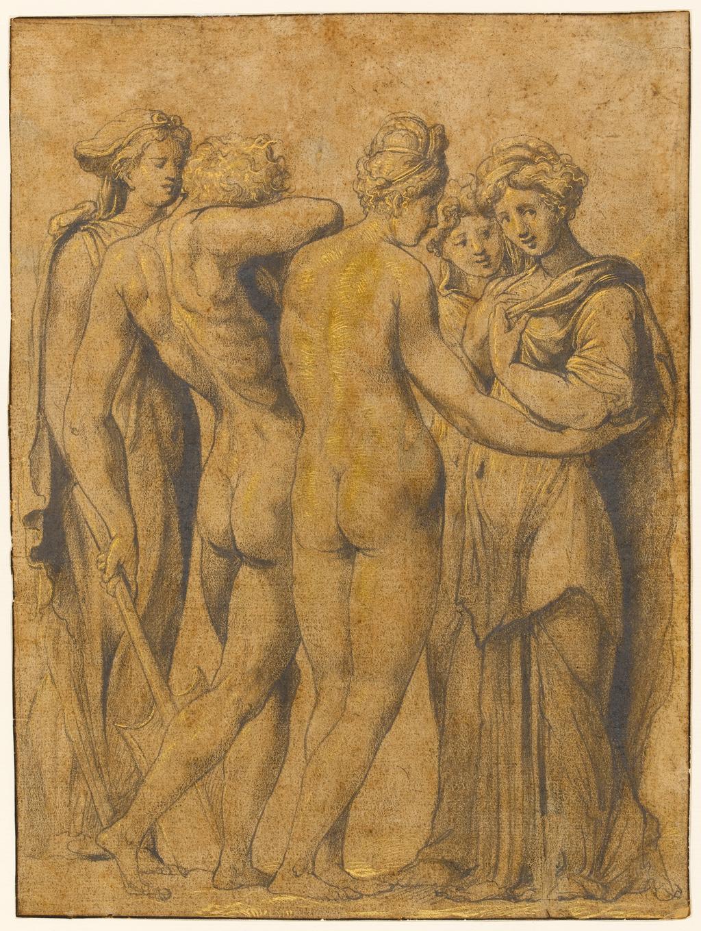 An image of Title/s: A scene from classical mythology Maker/s: Rosso Fiorentino (Giovanni Battista di Jacopo) after (draughtsman) [ULAN info: 8.III.1494-14.XI.1540; Artist, Painter, pietra dura artist, Fontainebleau, Paris, Toscana]Technique Description: black chalk heightened with gold, on paper Dimensions: height: 234 mm, width: 175 mm