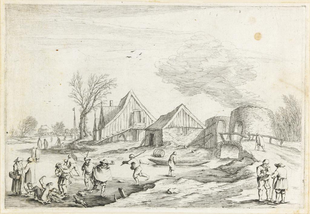 An image of Winter Landscape with Ice Skaters and a Smoking Lime Kiln. Scheyndel, Gillis van (Dutch, active 1622-1654). Etching, engraving, 17th Century. From an album: Oeuvre de Herman Saftleven.