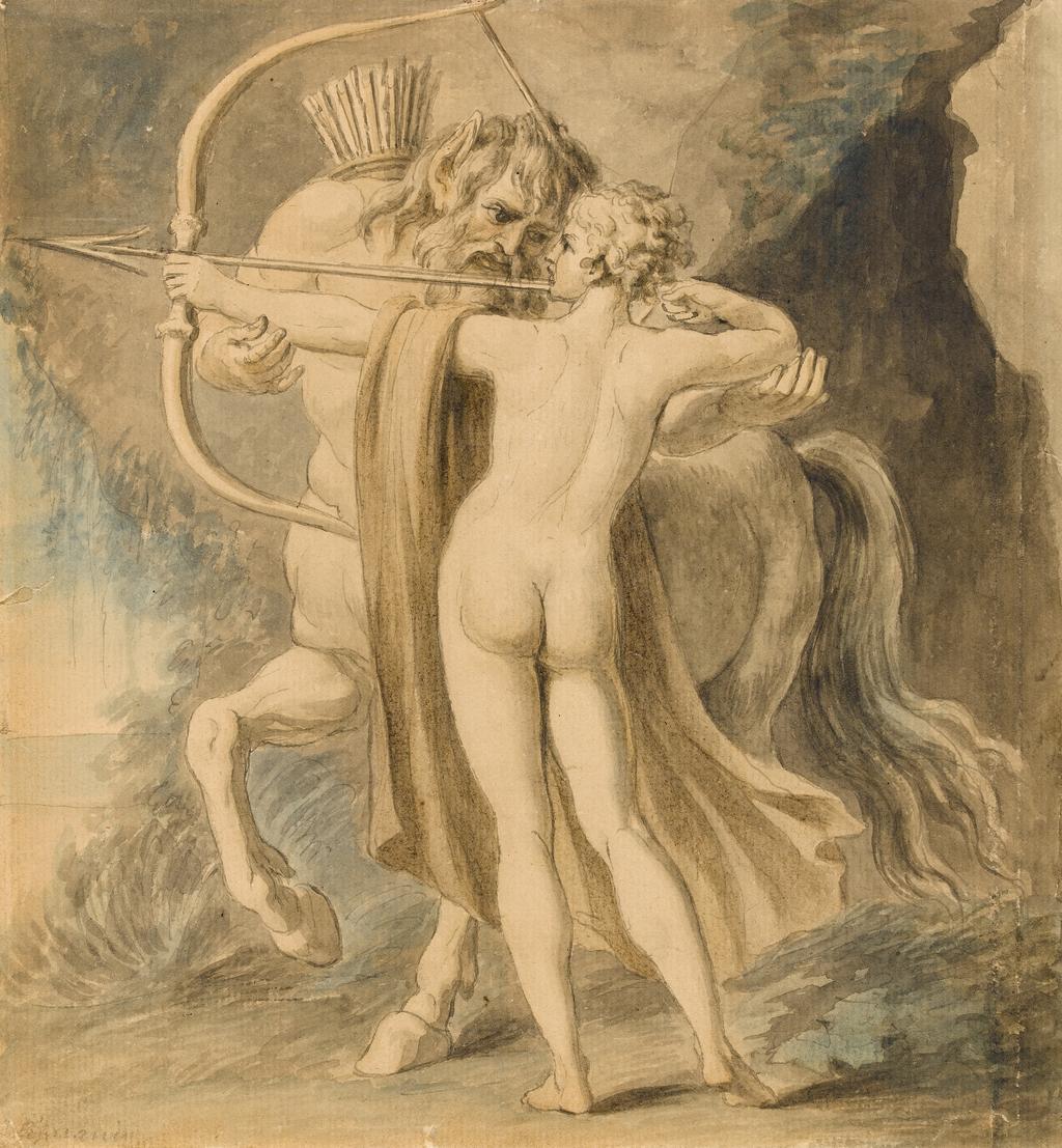 An image of Title/s: The Education of Achilles 
Maker/s: Cipriani, Giovanni Battista (draughtsman) [ULAN info: Italian artist, 1727
Technique Description: pen and black ink, watercolour on paper 
Dimensions: height: 209 mm, width: 195 mm

 

 
