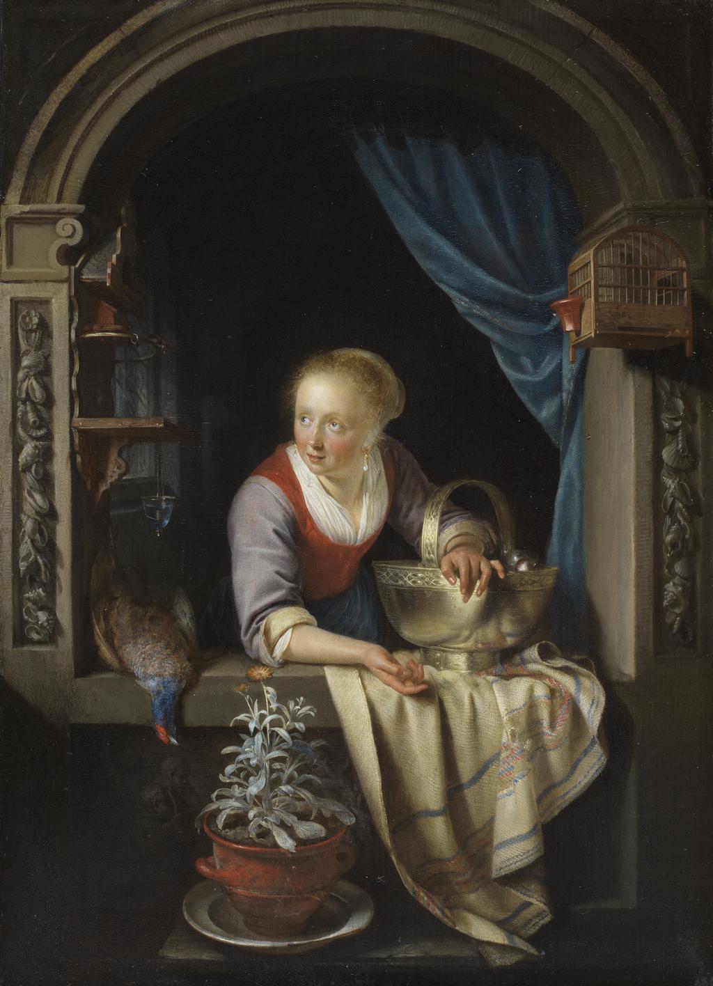 An image of Woman at a Window with a Copper Bowl of Apples and a Cock Pheasant. Gerrit Dou (Dutch, 1613-1675). Oil on panel, height 38.5cm, width 27.7cm, 1663.