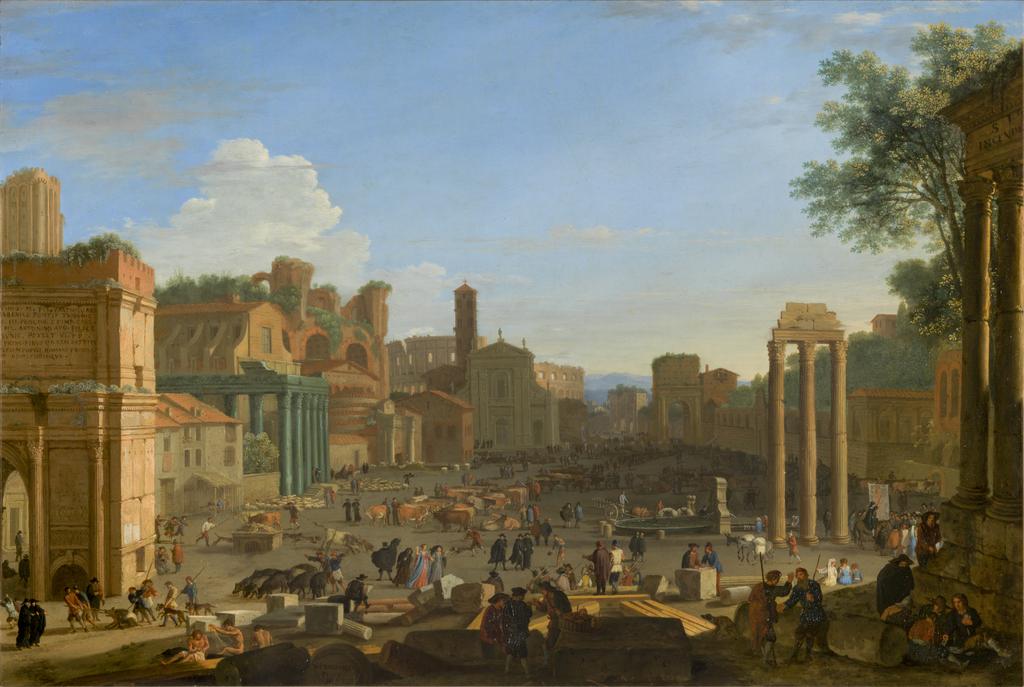 An image of The Campo Vaccino, Rome. Swanevelt, Herman van (Dutch, c.1600-1655). Oil on copper, height 45.4 cm, width 67.0 cm, 1631. T.3542. 