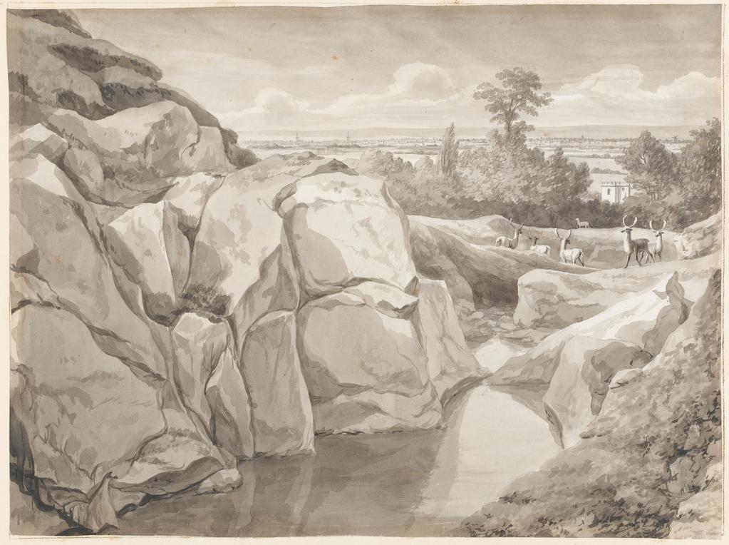 An image of Title/s: Mount Merrion: view near Mount Anoillegate (pag. 18) Maker/s: Ashford, William (draughtsman) [ULAN info: British artist, 1746-1824]Technique Description: grey wash on paper laid down on hollow mounts and bound with backing sheets Dimensions: height: 320 mm, width: 430 mmDate: 1806  