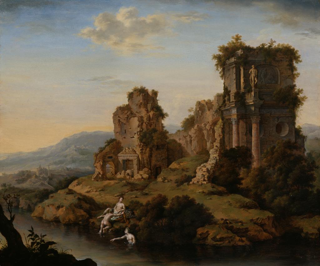 An image of Landscape with ruins, nymphs bathing. Mieris, Willem van (Dutch, 1662-1747). Oil on panel, height 30.2 cm, width 35.9 cm, circa 1730.