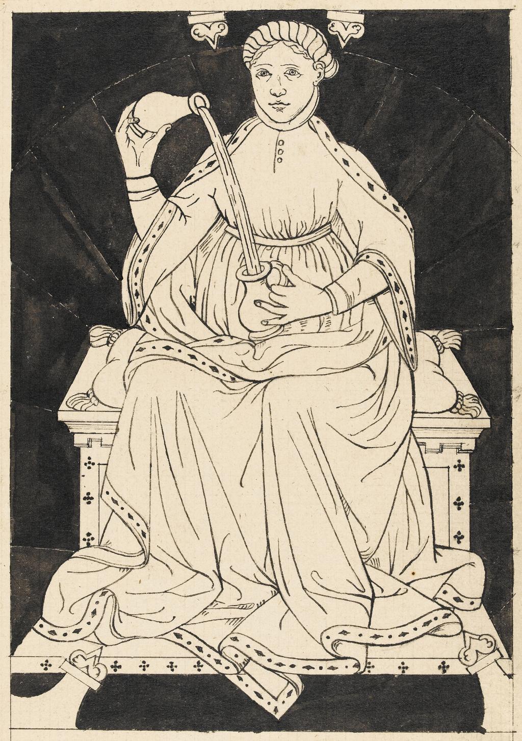 An image of Title/s: Drawing reduced from tracings taken from the inlaid marble pavement of Siena Cathedral during its restoration in the nineteenth centuryTitle/s: Temperance Maker/s: Maccari, Leopoldo (draughtsman) [ULAN info: Italian artist, 1850-1894?]Technique Description: pen and black ink, black wash on lightly squared paper Dimensions: height: 206 mm, width: 146 mm