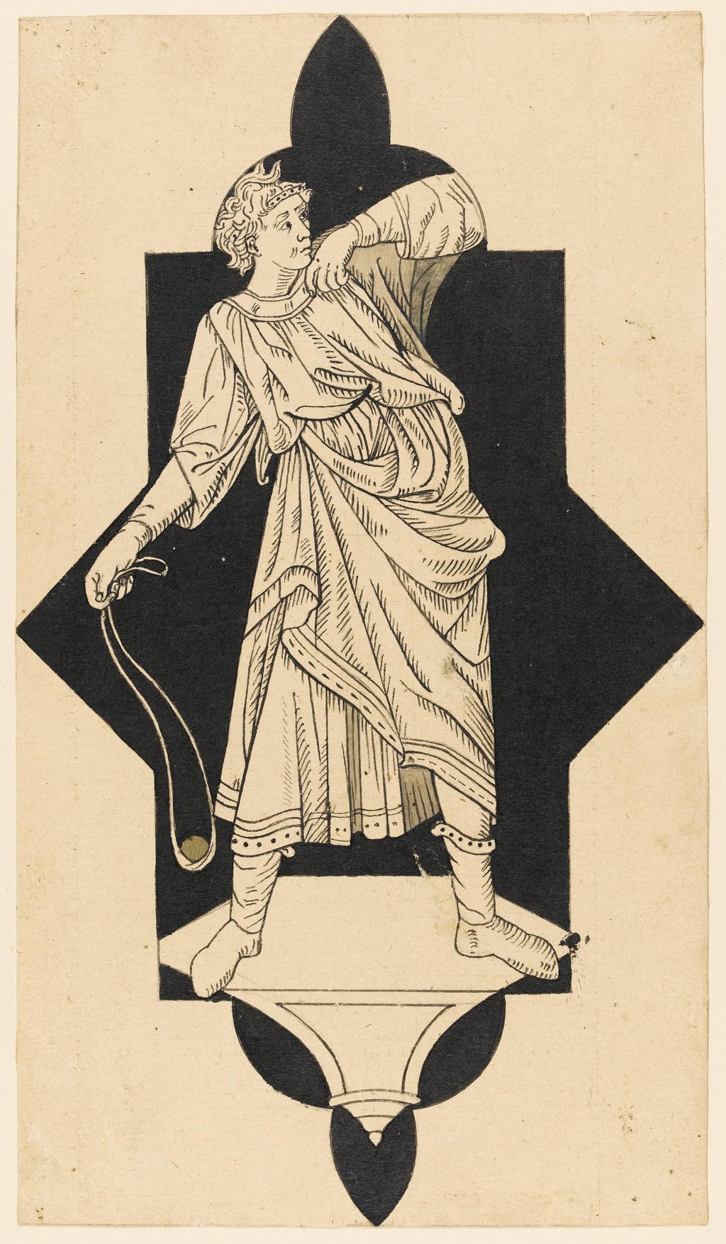 An image of Title/s: Drawing reduced from tracings taken from the inlaid marble pavement of Siena Cathedral during its restoration in the nineteenth centuryTitle/s: Young David with a sling Maker/s: Maccari, Leopoldo (draughtsman) [ULAN info: Italian artist, 1850-1894?]Technique Description: pen and black ink, black and grey wash on lightly squared paper Dimensions: height: 244 mm, width: 139 mm