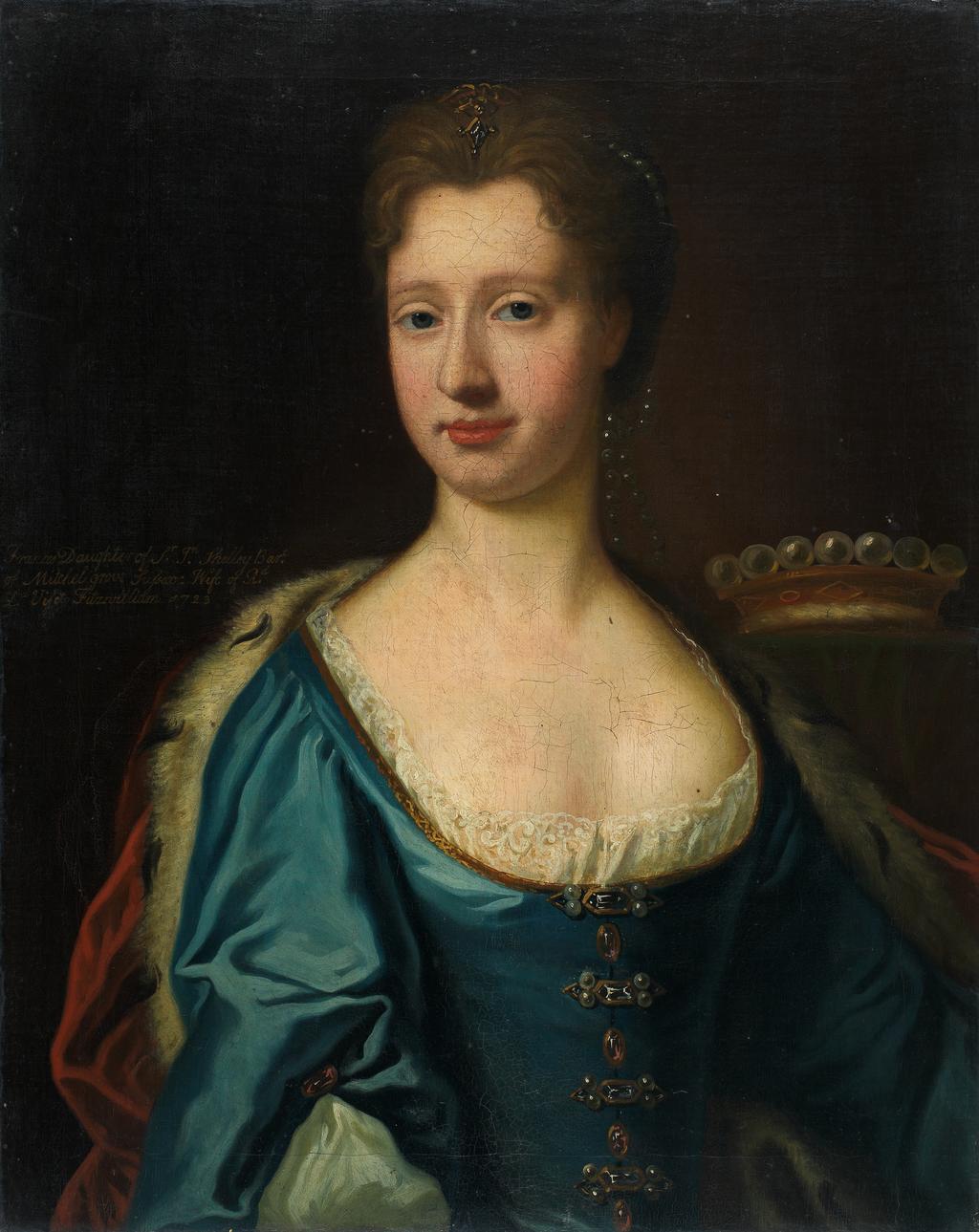 An image of Frances, Viscountess Fitzwilliam. British School. Oil on canvas, height (painted surface) 69.2 cm, width (painted surface) 54.6 cm, 1723.