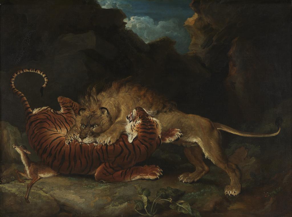 An image of Fight between a lion and a tiger. Ward, James (British, 1769-1859). Oil on canvas, height 101.6 cm, width 136.2 cm, 1797.