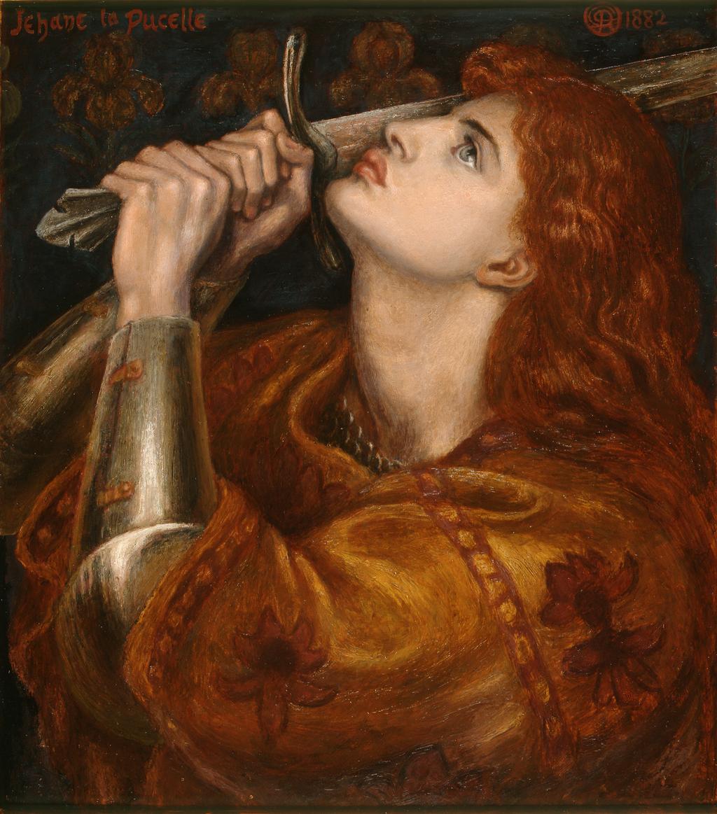 An image of Joan of Arc. Rossetti, Dante Gabriel (British, 1828-1882). Oil on panel, height 52.7 cm, width 45.7 cm, 1882. This is the last painting upon which Rossetti worked, being finished within a few days of his death on 9 April 1882.