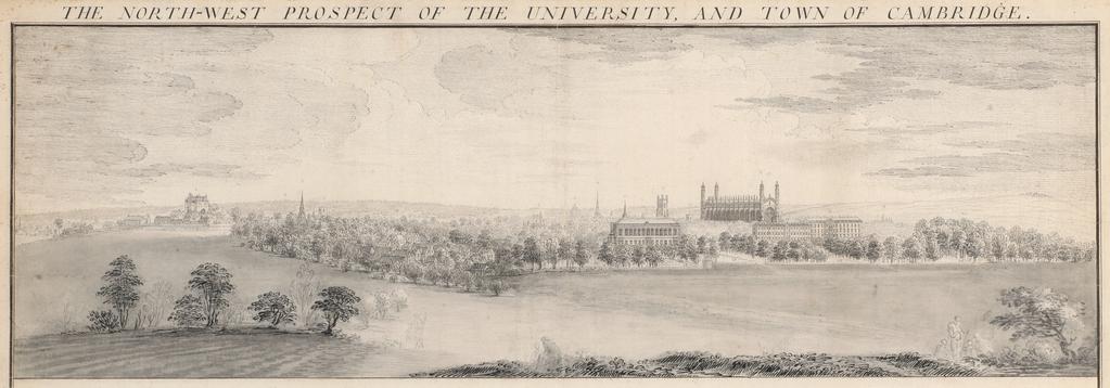 An image of The North-West Prospect of the University and Town of Cambridge, 1743. Buck, Samuel (British, 1696-1779). Pen, ink, graphite, grey wash on paper laid down on board. Height: 300 mm x width: 850 mm.
