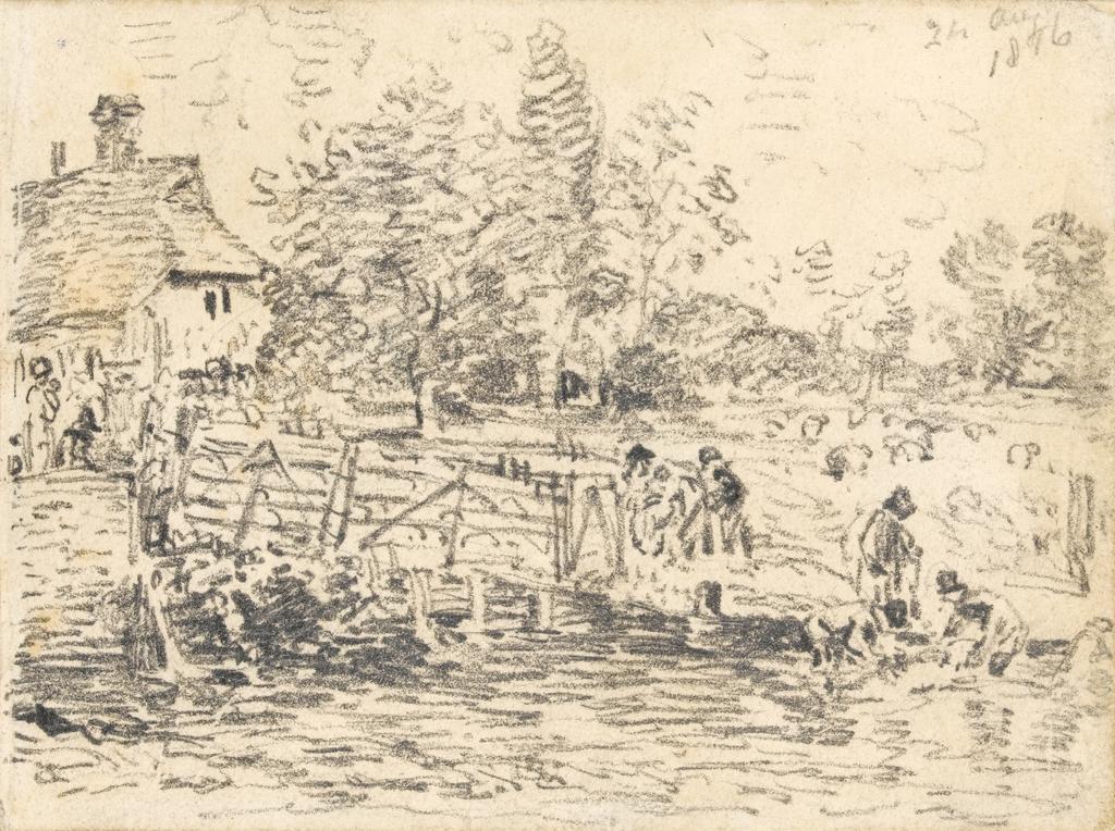 An image of Constable, John. Washing Sheep, Bentley. (1816). Graphite on paper.
