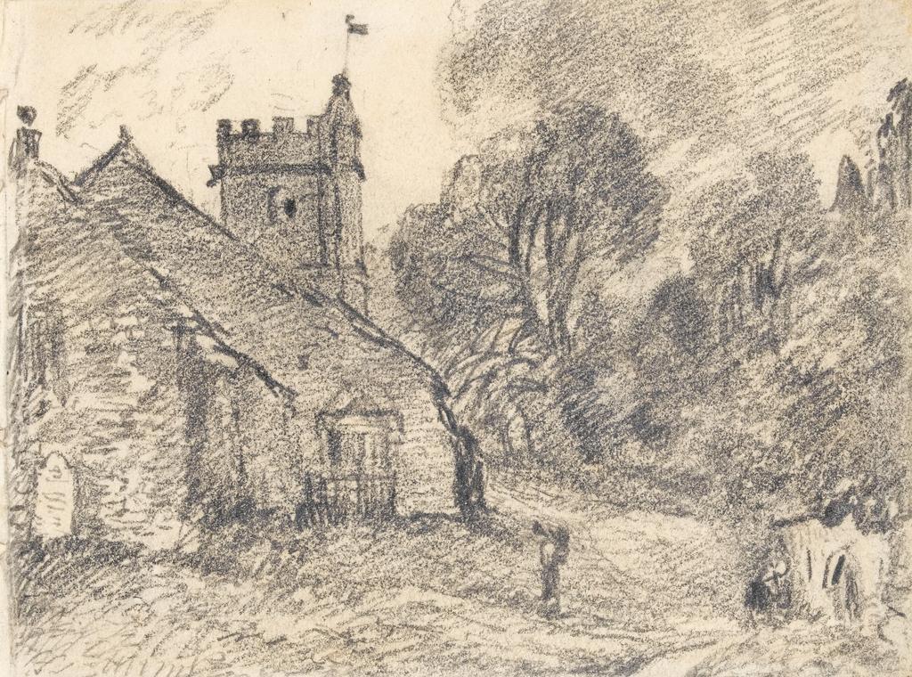 An image of An Essex (?) Church. Constable, John (British, 1776-1837). Graphite on paper, height 88mm, width 118mm, 1816.