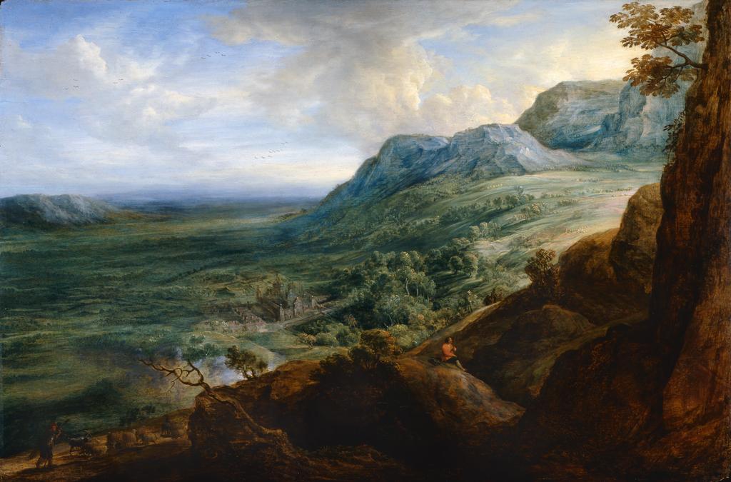 An image of Uden, Lucas van. The Escorial from a Foot-Hill of the Guadarrama Mountains (after Sir Peter Paul Rubens). Oil on panel,  height 48.9 cm, width 73.3 cm, 17th Century.