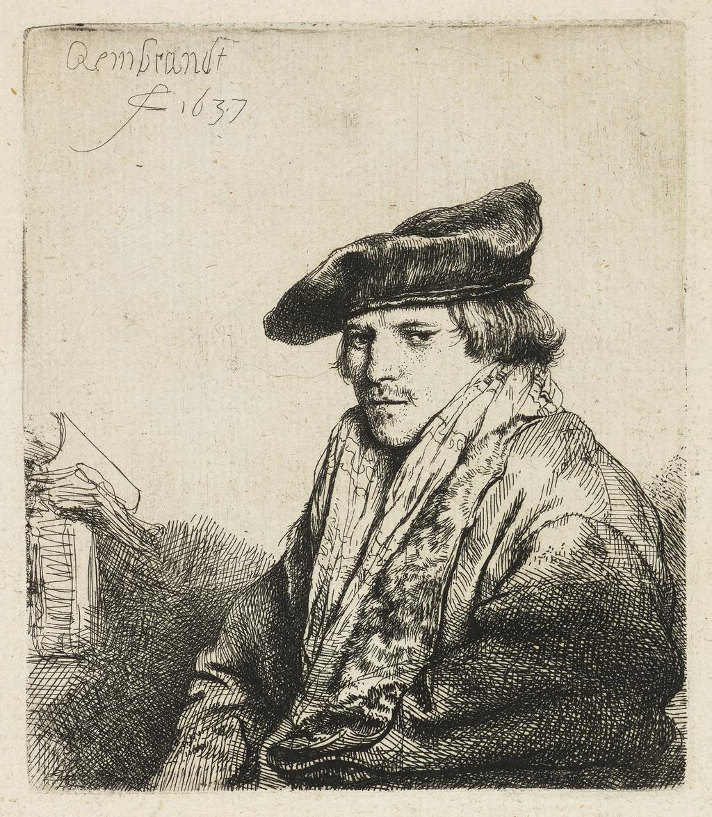 An image of Young man in a velvet cap. Portrait of Ferdinand Bol (?) Portrait of Petrus Sylvus (?). Rembrandt Harmensz. van Rijn (Dutch, 1606-1669). Etching, black carbon ink on paper, height, plate, 96 mm, width, plate, 83 mm, height, sheet, 138 mm, width, sheet, 111 mm, 1637. Production Note: II/II.