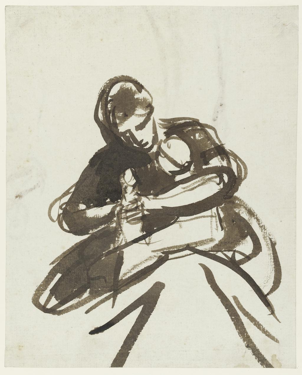 An image of Mother and child playing with a doll. Two sketches for standing figures. Romney, George (British, 1734-1802). Brush with brown ink, on paper, height 301 mm, height 303 mm, width 244 mm.