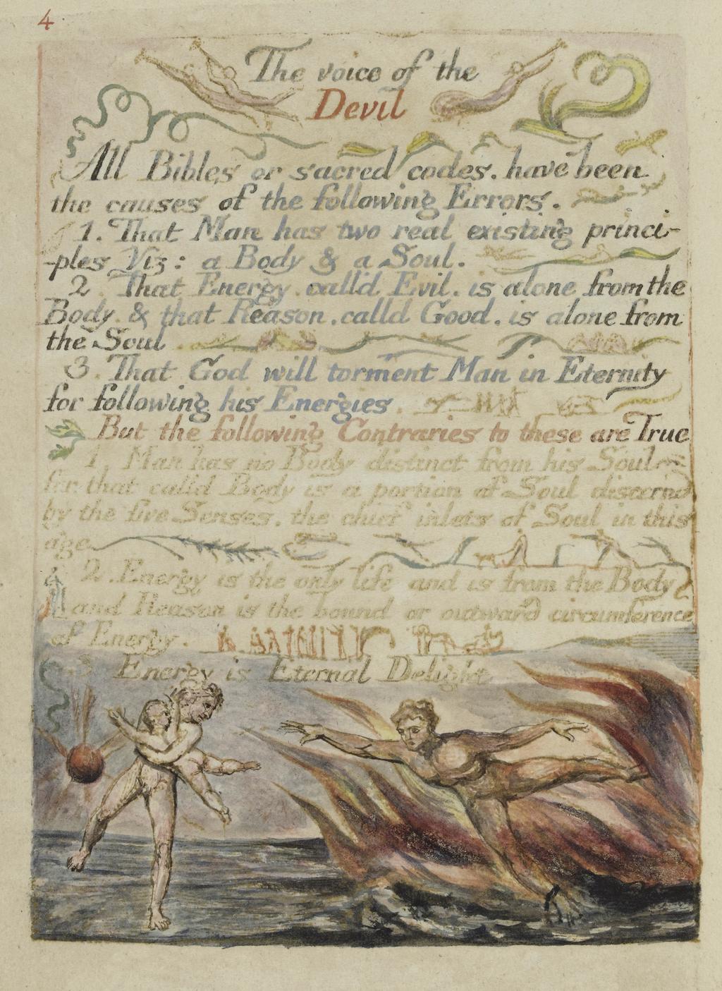 An image of Book/Print. The Marriage of Heaven and Hell. Page 5. Blake, William (British, 1757-1827). Relief etching, hand colouring and colour printing. Coloured ink and watercolour on paper, vellum binding with gilt decoration, height 202 mm, width 132 mm, circa 1808.