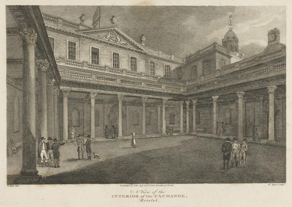 An image of A view of the Interior of the Exchange Bristol. Angus, William (British, 1752-1821). Agg, John, publisher (British, early 19th century). Bird, Edward, after (British, 1772-1819). Etching, 1808. Production Note: Inscription on bottom "E. Bird del" and "W. Angus sculp" and "Published by John Agg, Oct 1st 1808, Broadmead Bristol".