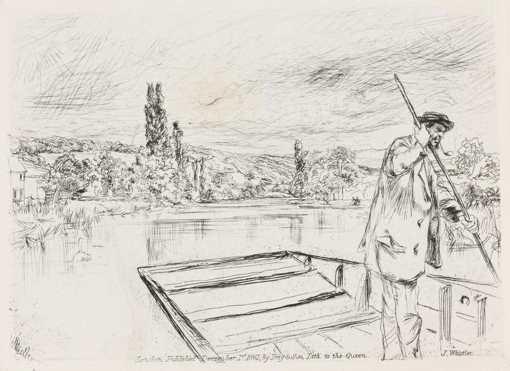 An image of The Punt. Whistler, James Abbott McNeill (American, 1834-1903). Etching, drypoint, black carbon ink, chine collé on wove paper, height, plate, 121 mm, width, plate, 165 mm; height, sheet, 227 mm, width, sheet, 324 mm, 1861. Third State.