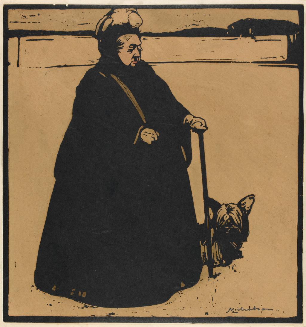 An image of Queen Victoria. Nicholson, William. Woodcut, hand colouring, height (image) 242 mm, width 228 mm; height (sheet) 256 mm, width 248 mm, circa 1897.