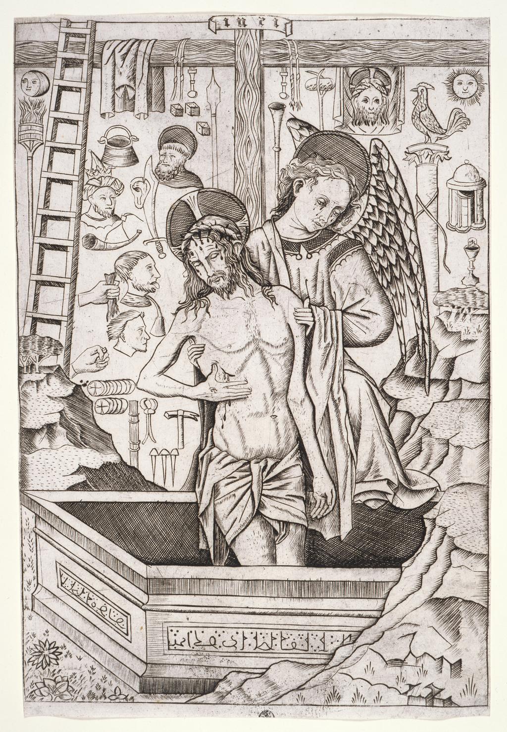 An image of The Man of Sorrows with an Angel and the Instruments of Passion (assigned title). Italian School. Engraving, circa 1490 to 1520. Notes: Shows the influence of Fra Angelico and Lorenzo Monaco.