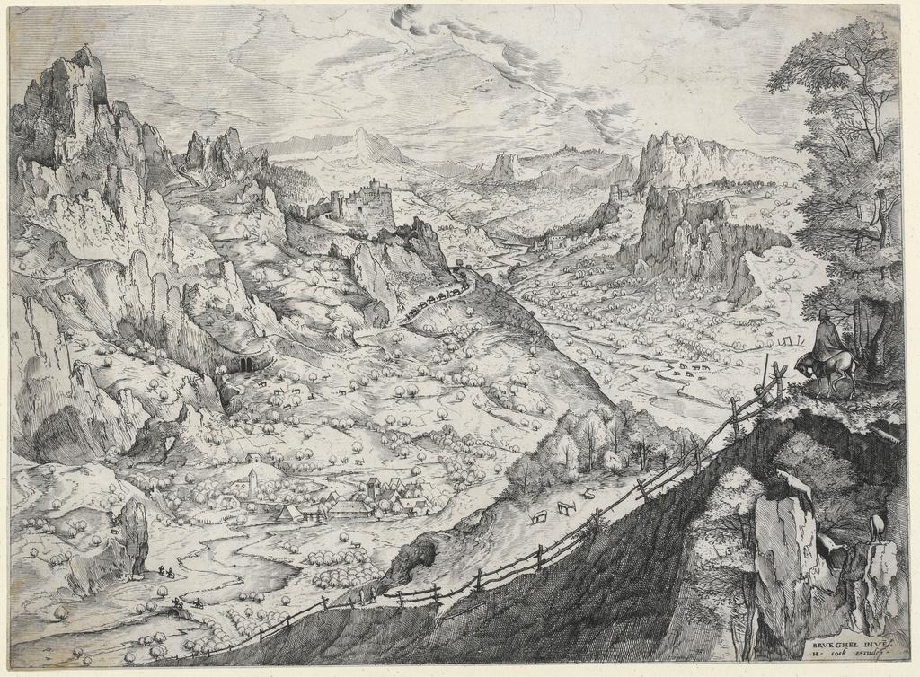 An image of Large Alpine landscape. Doetecom, Joannes I van, printmaker (Flemish, fl.1551-1605). Doetecom, Lucas, printmaker (Flemish, fl. 1554-1572). Cock, Hieronymus, publisher (Netherlandish, ca.1510-1570). Bruegel, Pieter, the elder, after (Flanders, 1525/1530-1569). Etching, engraving, circa 1555- circa 1557. Production Note: Trimmed along top edge.